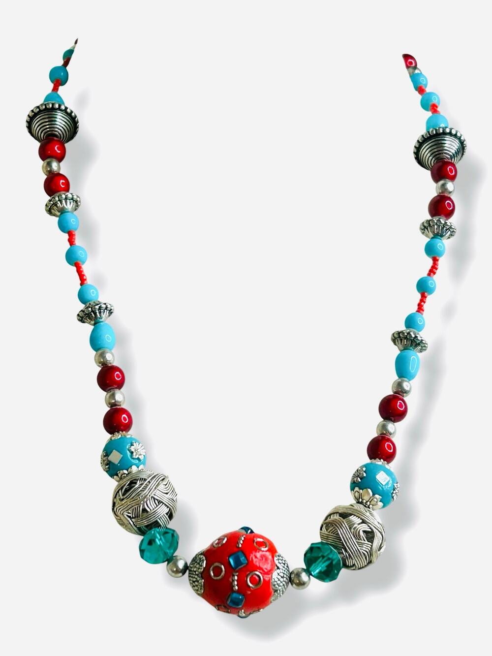 Tibetan Style Beaded Necklace Blue Red Coral Tone Silver Wire Wrapped Focal Bead